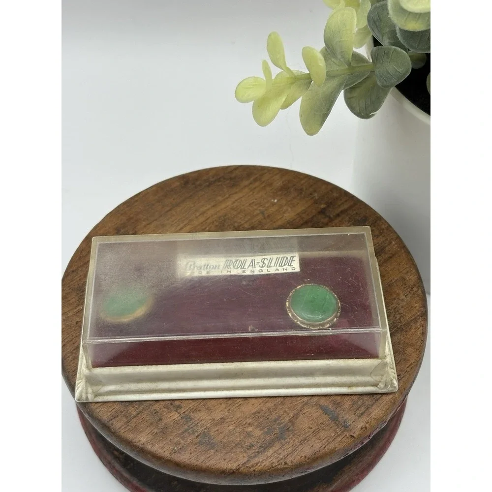 Antique Stratton Rolla Slide Cuff Links Green Faux Jade Cabachon MCM England Box